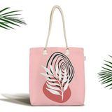 Rem Home Remhome Pembe Zemin Yaprak Çizimli Onedraw Temalı Modern Fermuarlı Kumaş Plaj Çantası Omuz Çantası - 45 x 50 x 7 cm - Renkli