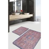 Rem Home Remhome Pembe Zeminde Dokuma Motifli Yöresel Desenli Avangarde Vintage 2'li Banyo & Mutfak Paspas Takımı Takım Banyo Paspası - Kırmızı - Bordo - 2'li Set