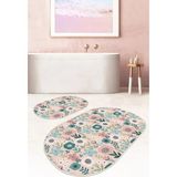 Rem Home Remhome Pudra Zemin Tropik Çiçekler Dijital Baskılı 2'li Oval Kaymaz Tabanlı Banyo & Mutfak Paspas Takımı Takım Banyo Paspası - Renkli - 2'li Set