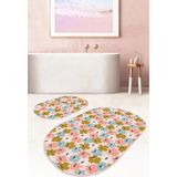 Rem Home Remhome Pudra Zeminde Onedraw Çizimli Renkli Çiçek Motifli 2'li Oval Kaymaz Taban Banyo & Mutfak Paspas Seti Takım Banyo Paspası - 2'li Set