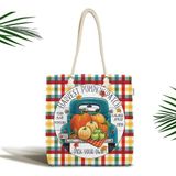 Rem Home Remhome Renkli Ekose Özel Tasarım Kabak Motifli Fermuarlı Kumaş Plaj Çantası Omuz Çantası - 45 x 50 x 7 cm