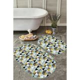 Rem Home Remhome Renkli Geometrik Üçgen Motifli Dijital Baskılı 2'li Oval Kaymaz Tabanlı Banyo & Mutfak Paspas Takımı Takım Banyo Paspası - 2'li Set