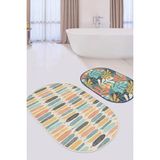 Rem Home Remhome Renkli Tropik Yaprak Tasarımlı Dijital Baskılı 2'li Oval Kaymaz Tabanlı Banyo & Mutfak Paspas Takımı Takım Banyo Paspası - 2'li Set