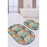 Rem Home Remhome Renkli Tropik Yapraklar Dijital Baskılı 2'li Oval Kaymaz Tabanlı Banyo & Mutfak Paspas Takımı Takım Banyo Paspası - 2'li Set