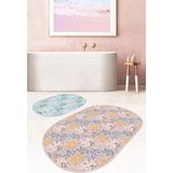 Rem Home Remhome Renkli Zeminde Onedraw Çizimli Çiçek Desenli 2'li Oval Kaymaz Tabanlı Banyo & Mutfak Paspas Takımı Takım Banyo Paspası - 2'li Set
