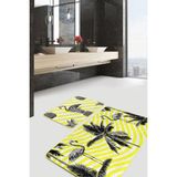 Rem Home Remhome Sarı Çizgili Zemin Siyah Flamingo Tasarımlı 2'li Kaymaz Tabanlı Banyo & Mutfak Paspas Takımı Takım Banyo Paspası - Renkli - 2'li Set