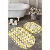 Rem Home Remhome Sarı Gri Zigzag Tasarımlı Flamingo Motifli 2'li Oval Kaymaz Tabanlı Banyo & Mutfak Paspas Takımı Takım Banyo Paspası - Renkli - 2'li Set