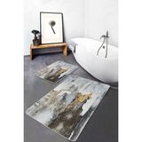 Rem Home Remhome Sarı - Krem Zeminde Kanvas Motifli Duvar Eskitme Motifli Vintage 2'li Banyo & Mutfak Paspas Takımı Takım Banyo Paspası - Beyaz - Krem - Bej - 2'li Set