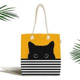 Rem Home Remhome Sarı Zemin Çizgili Motif Kara Kedi Tasarımlı Modern Fermuarlı Kumaş Plaj Çantası Omuz Çantası - 45 x 50 x 7 cm - Renkli