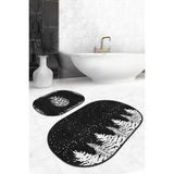 Rem Home Remhome Siyah Beyaz Çam Ağacı Kozalak Tasarımlı 2'li Oval Kaymaz Tabanlı Banyo & Mutfak Paspas Takımı Takım Banyo Paspası - Renkli - 2'li Set