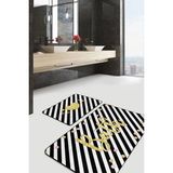 Rem Home Remhome Siyah Beyaz Çizgili Gold Detaylı 2'li Kaymaz Tabanlı Banyo & Mutfak Paspas Takımı Takım Banyo Paspası - Renkli - 2'li Set