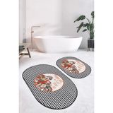 Rem Home Remhome Siyah Beyaz Ekose Motifli 2'li Oval Kaymaz Tabanlı Klozet Takımı & Banyo Paspas Seti Takım Banyo Paspası - Renkli - 2'li Set