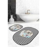 Rem Home Remhome Siyah Beyaz Ekose Motifli 2'li Oval Kaymaz Tabanlı Mutfak Paspas Takımı Takım Banyo Paspası - Renkli - 2'li Set