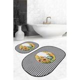 Rem Home Remhome Siyah Beyaz Ekose Motifli Kabak Tasarımlı 2'li Oval Banyo Paspas Takımı & Mutfak Paspas Seti Takım Banyo Paspası - Renkli - 2'li Set