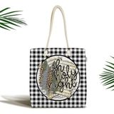Rem Home Remhome Siyah Beyaz Ekose Motifli Özel Tasarım Fermuarlı Kumaş Plaj Çantası Omuz Çantası - 45 x 50 x 7 cm - Renkli