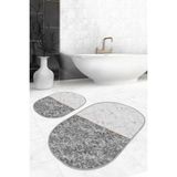 Rem Home Remhome Siyah Beyaz Mermer Tasarımlı Dijital Baskılı 2'li Oval Kaymaz Tabanlı Banyo & Mutfak Paspas Takımı Takım Banyo Paspası - Renkli - 2'li Set