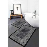 Rem Home Remhome Siyah - Beyaz Zeminde Çerçeveli Motifli Eskitme Desenli Geometrik Avangarde 2'li Banyo Paspas Takımı Takım Banyo Paspası - 2'li Set