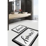 Rem Home Remhome Siyah Beyaz Zeminde Çerçeveli Motifli Home Yazılı Desenli Klasik Sade & Şık 2'li Banyo Paspas Takımı Takım Banyo Paspası - 2'li Set