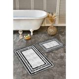 Rem Home Remhome Siyah - Beyaz Zeminde Çerçeveli Motifli Klasik Desenli Geometrik Sade & Şık 2'li Banyo Paspas Takımı Takım Banyo Paspası - 2'li Set