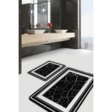 Rem Home Remhome Siyah - Beyaz Zeminde Çerçeveli Motifli Mermer Klasik Sade & Şık 2'li Banyo & Mutfak Paspas Takımı Takım Banyo Paspası - 2'li Set