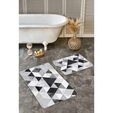 Rem Home Remhome Siyah - Beyaz Zeminde Geometrik Motifli Mermer Desenli Geometrik Sade & Şık 2'li Banyo Paspas Takımı Takım Banyo Paspası - 2'li Set