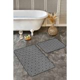 Rem Home Remhome Siyah Beyaz Zeminde Geometrik Motifli Mozaik Geometrik Sade & Şık 2'li Banyo & Mutfak Paspas Takımı Takım Banyo Paspası - 2'li Set