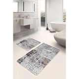 Rem Home Remhome Siyah - Beyaz Zeminde Guaj Boya Motifli Modern Sanat Desenli Klasik Vintage 2'li Banyo Paspas Takımı Takım Banyo Paspası - 2'li Set