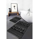 Rem Home Remhome Siyah - Beyaz Zeminde Iskandinav Motifli Geometrik Desenli Etnik Motifler 2'li Banyo Paspas Takımı Takım Banyo Paspası - 2'li Set