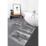 Rem Home Remhome Siyah - Beyaz Zeminde Kanvas Motifli Eskitme Desenli Eskitme Motifli Modern 2'li Banyo Paspas Takımı Takım Banyo Paspası - 2'li Set