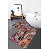 Rem Home Remhome Siyah - Beyaz Zeminde Kırkyama Motifli Patchwork Desenli Vintage Sade & Şık 2'li Banyo Paspas Takımı Takım Banyo Paspası - Kırmızı - Bordo - 2'li Set