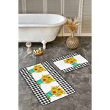 Rem Home Remhome Siyah Ekose Ayçiçeği Motifli 2'li Mutfak Paspas Takımı & Banyo Halısı Seti Takım Banyo Paspası - Renkli - 2'li Set