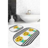 Rem Home Remhome Siyah Ekose Ayçiçeği Motifli 2'li Oval Kaymaz Tabanlı Mutfak Paspas Takımı & Banyo Halısı Seti Takım Banyo Paspası - Renkli - 2'li Set