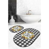 Rem Home Remhome Siyah Ekose Home Sweet Home Temalı 2'li Oval Mutfak Paspas Seti & Banyo Paspas Takımı Takım Banyo Paspası - Renkli - 2'li Set