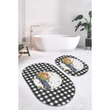 Rem Home Remhome Siyah Ekose Kabak Motifli 2'li Oval Kaymaz Tabanlı Mutfak Paspas Seti & Banyo Klozet Paspas Seti Takım Banyo Paspası - Renkli - 2'li Set