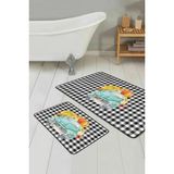 Rem Home Remhome Siyah Ekose Kabaklı Araba Tasarımlı 2'li Mutfak Halısı Seti & Banyo Paspas Takımı Takım Banyo Paspası - Renkli - 2'li Set