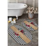 Rem Home Remhome Siyah Ekose Mery Christmas Tasarımlı 2'li Oval Mutfak Paspas Seti & Banyo Halısı Takımı Takım Banyo Paspası - Renkli - 2'li Set