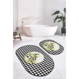 Rem Home Remhome Siyah Ekose Motifli Limon Temalı 2'li Oval Kaymaz Tabanlı Banyo Paspas Takımı & Mutfak Paspas Seti Takım Banyo Paspası - Renkli - 2'li Set
