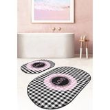 Rem Home Remhome Siyah Ekose Tasarımlı Love Temalı 2'li Oval Banyo Paspas Takımı & Mutfak Paspas Takımı Takım Banyo Paspası - Renkli - 2'li Set
