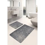 Rem Home Remhome Siyah - Füme Zeminde Örme Motifli Otantik Eskitme Motifli Vintage 2'li Banyo & Mutfak Paspas Takımı Takım Banyo Paspası - 2'li Set