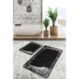 Rem Home Remhome Siyah - Gri Zeminde Çerçeveli Motifli Eskitme Avangarde Eskitme Motifli 2'li Banyo Paspas Takımı Takım Banyo Paspası - 2'li Set