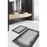 Rem Home Remhome Siyah - Gri Zeminde Çerçeveli Motifli Eskitme Motifli Vintage 2'li Banyo & Mutfak Paspas Takımı Takım Banyo Paspası - 2'li Set