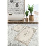 Rem Home Remhome Siyah- Gri Zeminde Çerçeveli Motifli Geleneksel Vintage Eskitme Motifli 2'li Banyo Paspas Takımı Takım Banyo Paspası - Beyaz - Krem - Bej - 2'li Set
