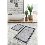 Rem Home Remhome Siyah Gri Zeminde Çerçeveli Motifli Mermer Geometrik Eskitme Motifli 2'li Banyo Mutfak Paspas Takımı Takım Banyo Paspası - 2'li Set