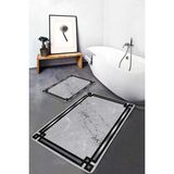 Rem Home Remhome Siyah - Gri Zeminde Çerçeveli Motifli Mermer Geometrik Sade & Şık 2'li Banyo & Mutfak Paspas Takımı Takım Banyo Paspası - 2'li Set