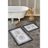 Rem Home Remhome Siyah- Gri Zeminde Çerçeveli Motifli Otantik Desenli Etnik Motifler Vintage 2'li Banyo Paspas Takımı Takım Banyo Paspası - 2'li Set