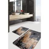 Rem Home Remhome Siyah - Kahverengi Zeminde Eskitme Motifli Duvar Eskitme Motifli Vintage 2'li Banyo Paspas Takımı Takım Banyo Paspası - 2'li Set