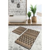 Rem Home Remhome Siyah - Kahverengi Zeminde Hasır Motifli Etnik Geometrik Etnik Motifler 2'li Banyo Paspas Takımı Takım Banyo Paspası - 2'li Set