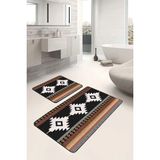 Rem Home Remhome Siyah - Kahvernegi Zeminde Bohem Motifli Etnik Motifler Geometrik 2'li Banyo Paspas Takımı Takım Banyo Paspası - 2'li Set