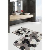 Rem Home Remhome Siyah Kahvernegi Zeminde Geometrik Motifli Altıgen Geometrik Klasik 2'li Banyo Mutfak Paspas Takımı Takım Banyo Paspası - 2'li Set