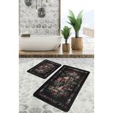 Rem Home Remhome Siyah - Kırmızı Zeminde Çiçek Motifli Eskitme Floral Eskitme Motifli 2'li Banyo Mutfak Paspas Takımı Takım Banyo Paspası - 2'li Set